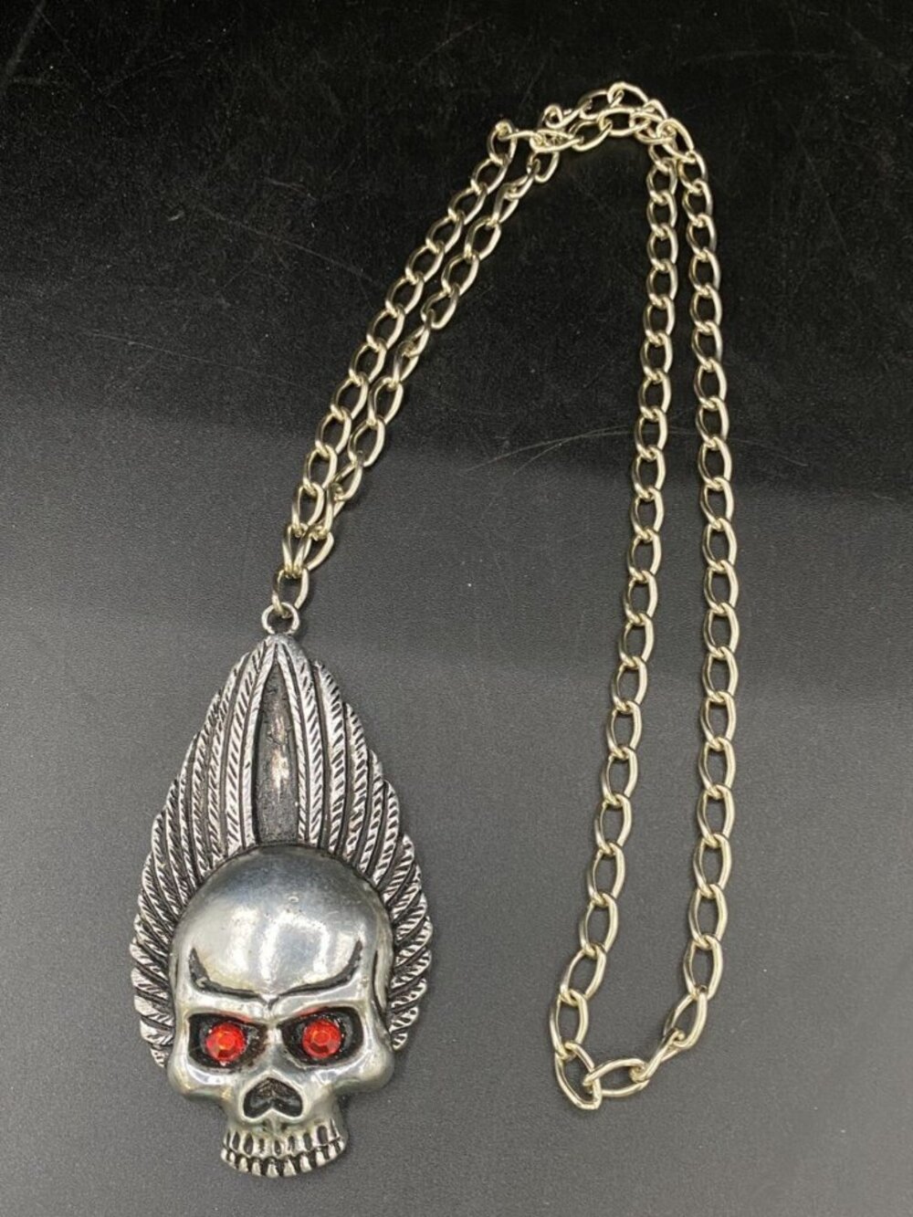 Skull Pendant Necklace Red Rhinestone Eyes Silver Resin Goth Jewelry 18” Cosplay